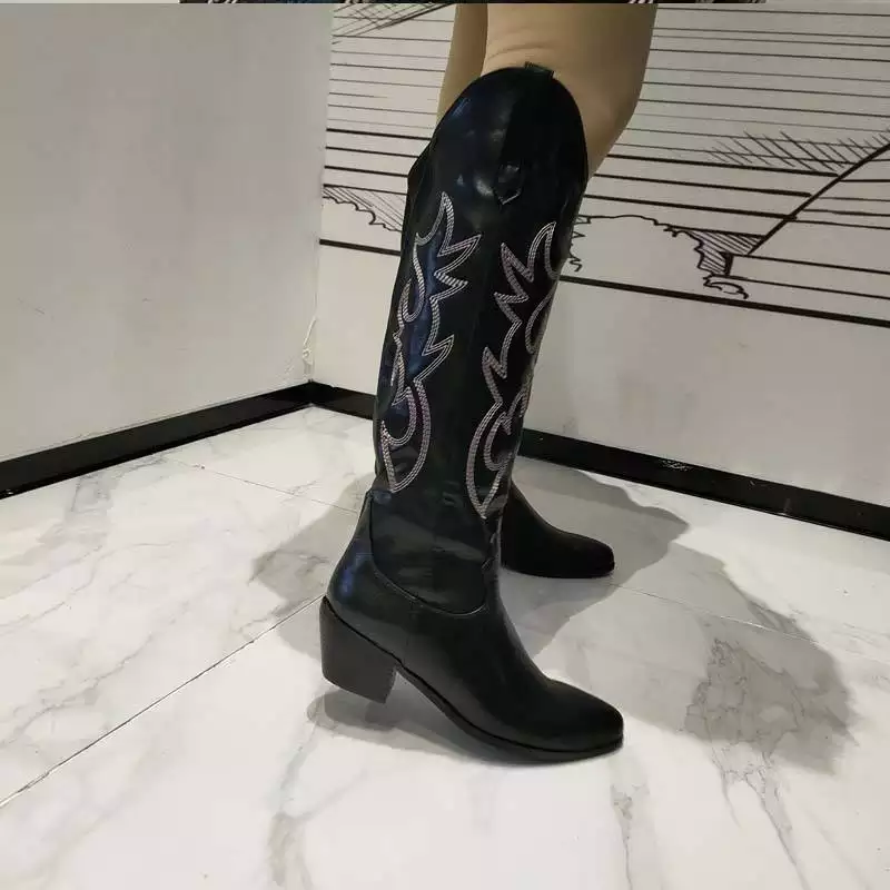 Support OEM/ODM PU leather western knee high denim white black cowgirl boots